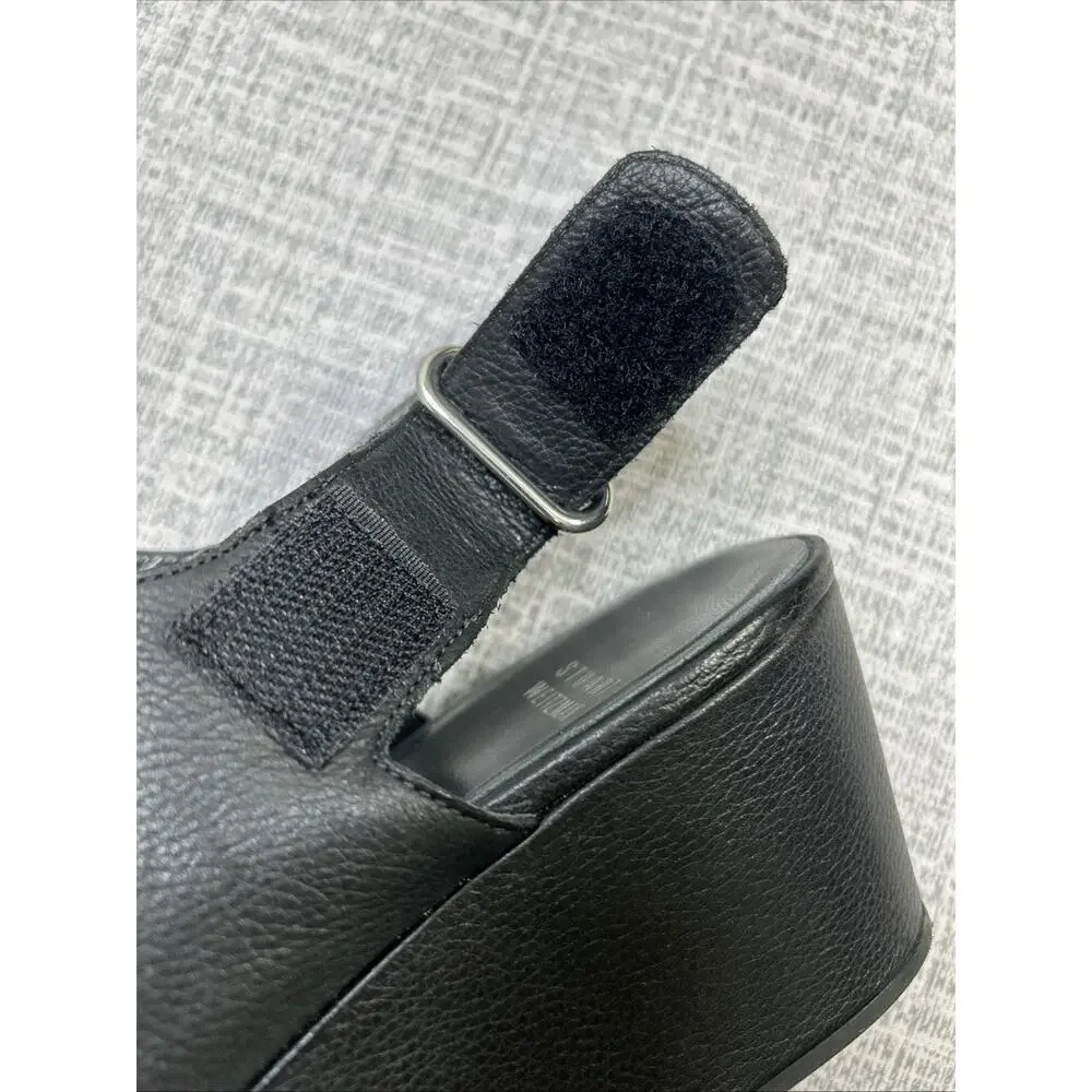 Stuart Weitzman Offset Sandal Shoe Womens Size 8 M Black Leather Slingback Wedge